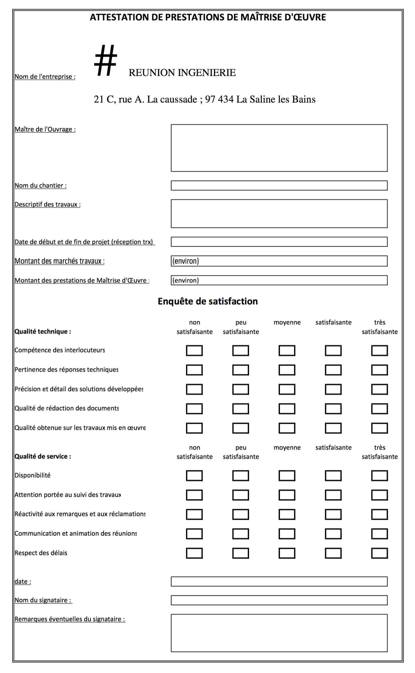 Attestation de satisfaction - REUNION INGENIERIE - 974